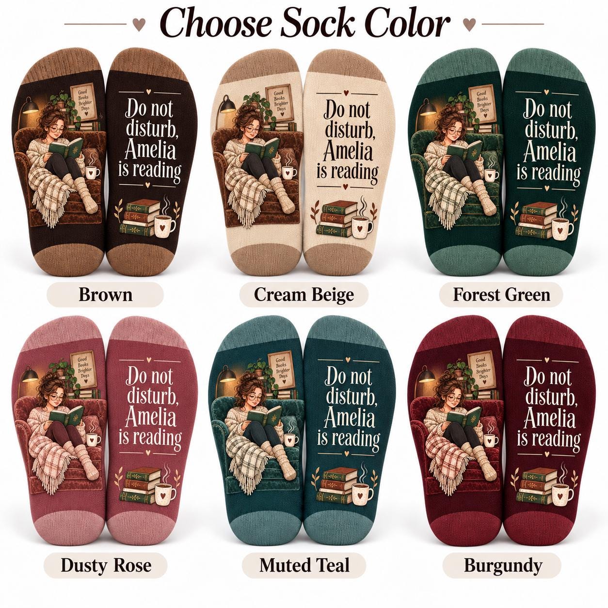 Personalized Book Lover Socks with Name and Coffee Reading Design for Cozy Bookish Reader Gift for Women - photo 4