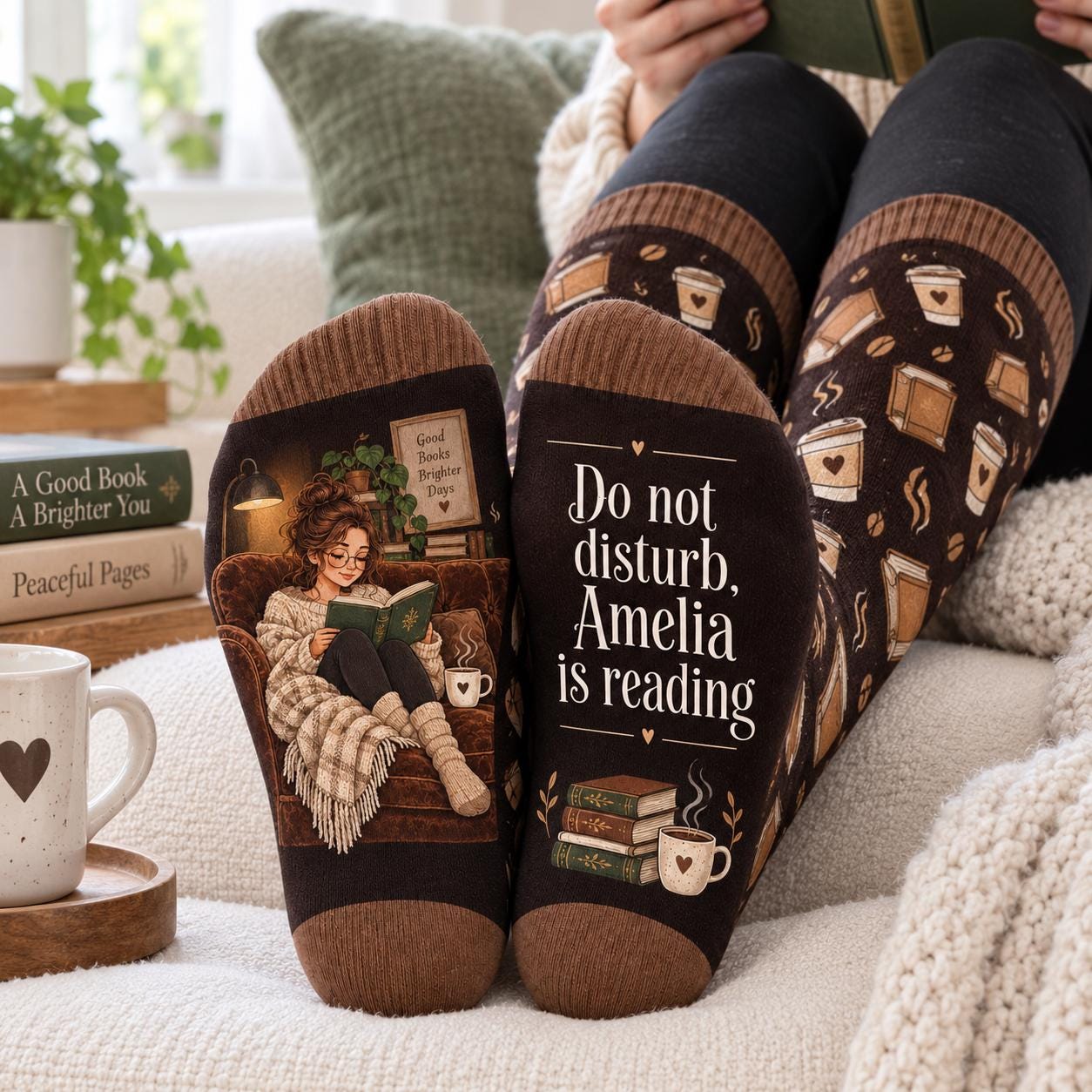 Personalized Book Lover Socks with Name and Coffee Reading Design for Cozy Bookish Reader Gift for Women - photo 6