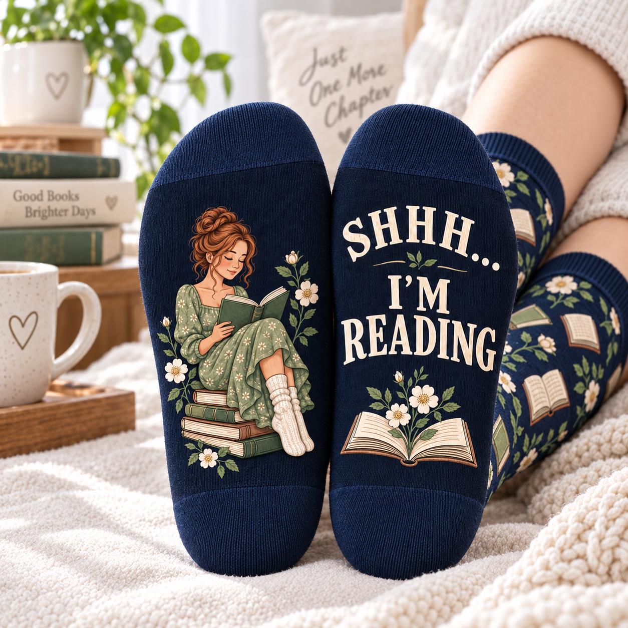 Cozy Floral Book Lover Socks With Shhh I M Reading – Bookish Reader Gift For Women And Librarian Birthday Gift