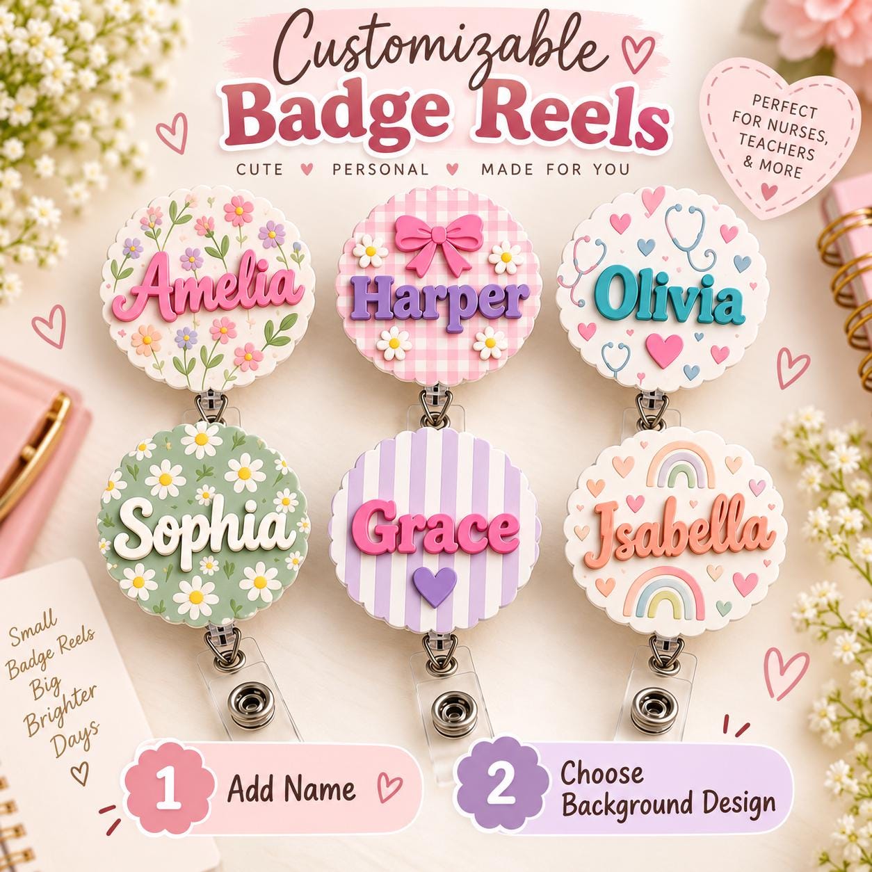 Personalized Name Badge Reel and Custom Cute ID Badge Holder – Floral Gingham Rainbow Badge Reel for Nurse Teacher Medical Office Gift
