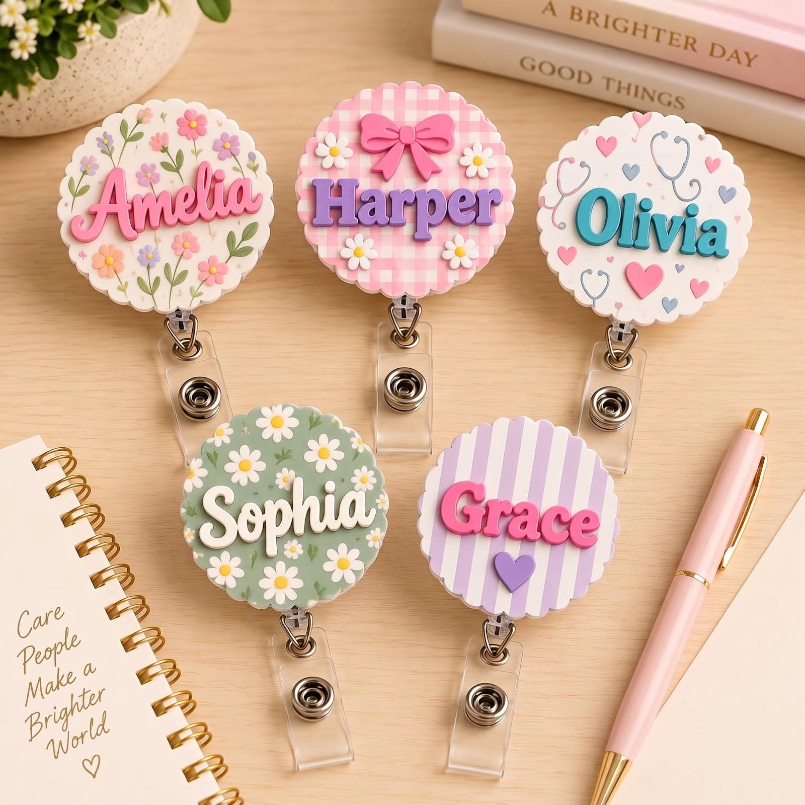 Personalized Name Badge Reel and Custom Cute ID Badge Holder – Floral Gingham Rainbow Badge Reel for Nurse Teacher Medical Office Gift - photo 2