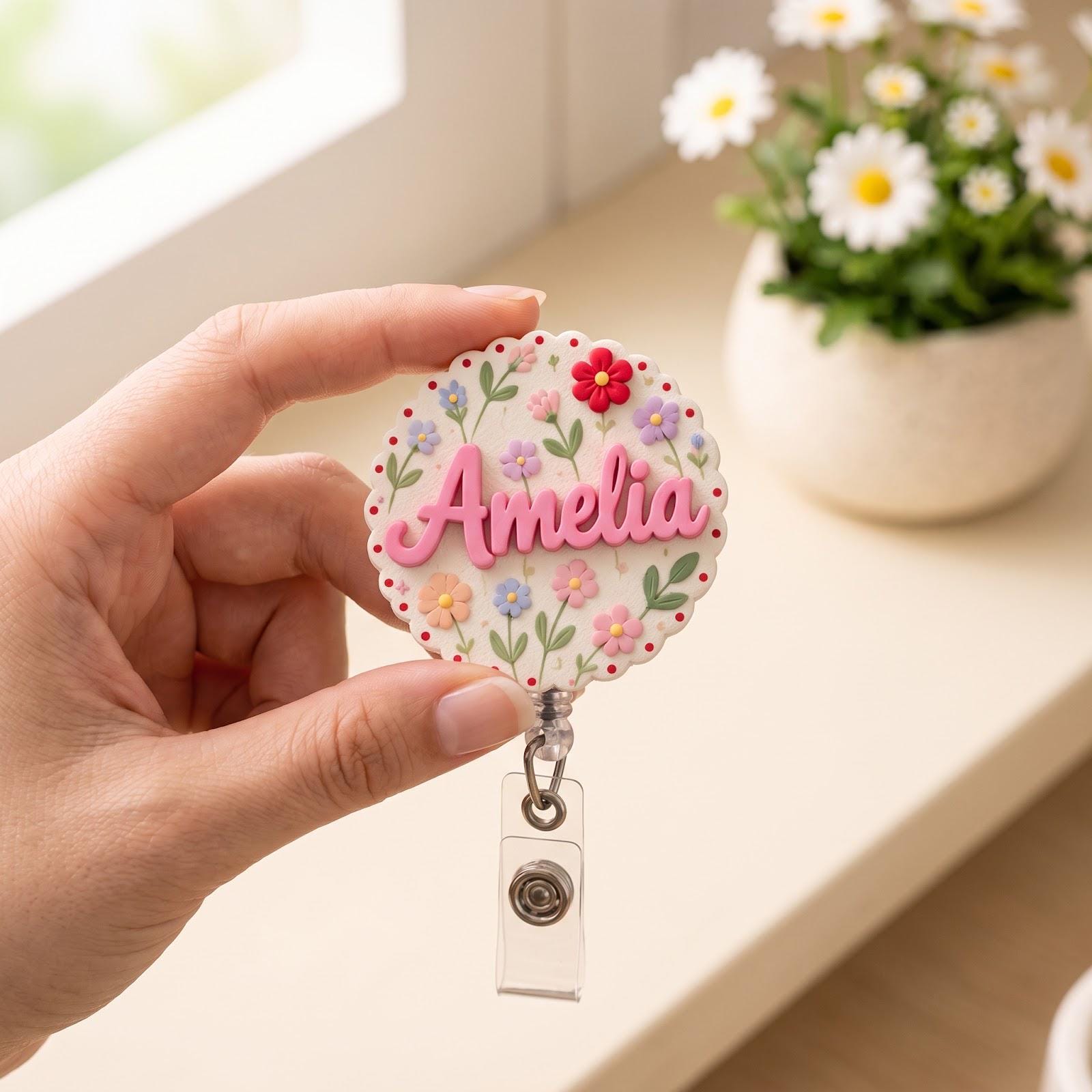 Personalized Name Badge Reel and Custom Cute ID Badge Holder – Floral Gingham Rainbow Badge Reel for Nurse Teacher Medical Office Gift - photo 9