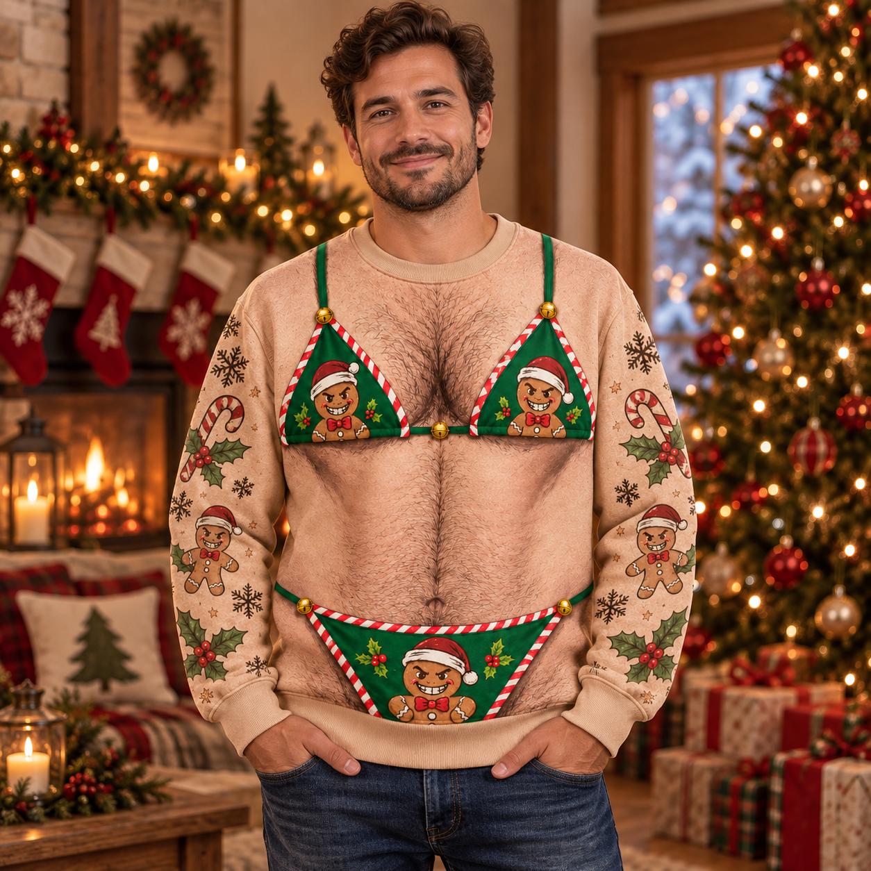 Funny Reindeer Bikini Sweatshirt for Men – Ugly Christmas Sweater Body Illusion Holiday Party Shirt and Gag Gift