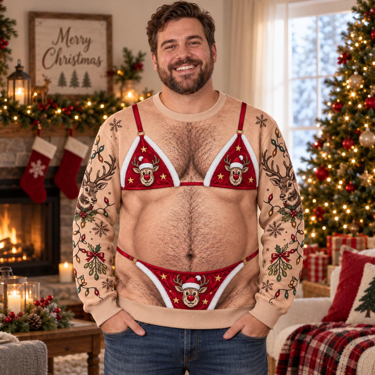 Funny Reindeer Bikini Sweatshirt for Men – Ugly Christmas Sweater Body Illusion Holiday Party Shirt and Gag Gift - photo 2