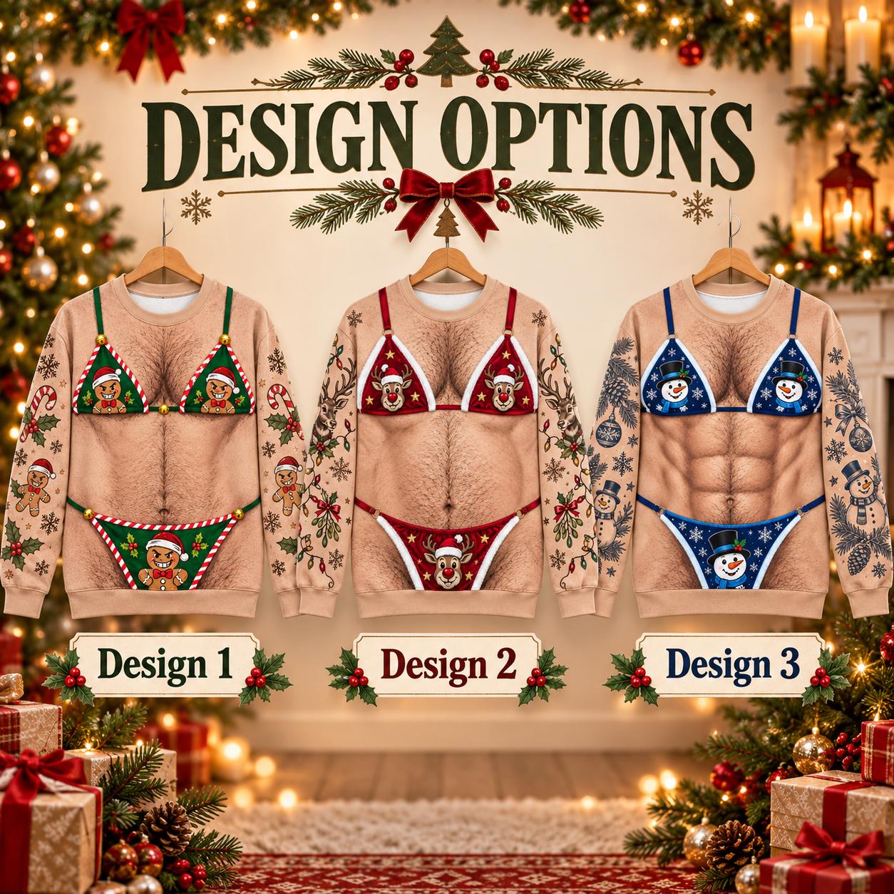 Funny Reindeer Bikini Sweatshirt for Men – Ugly Christmas Sweater Body Illusion Holiday Party Shirt and Gag Gift - photo 3
