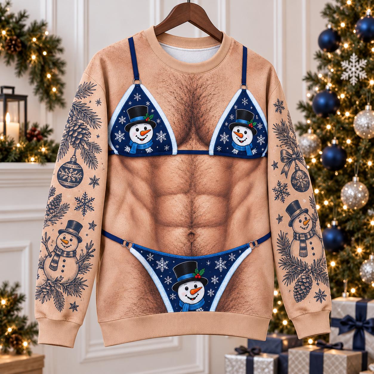 Funny Reindeer Bikini Sweatshirt for Men – Ugly Christmas Sweater Body Illusion Holiday Party Shirt and Gag Gift - photo 7
