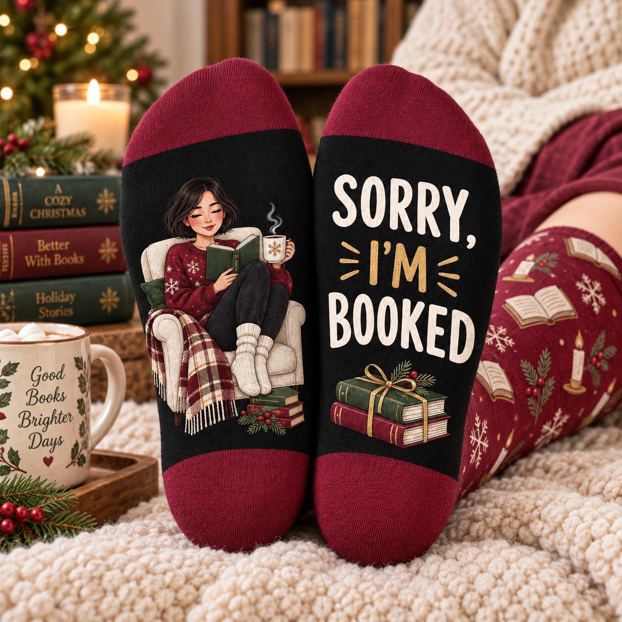 Cozy Book Lover Christmas Socks With Sorry I M Booked – Bookish Reading Holiday Reader Gift For Women