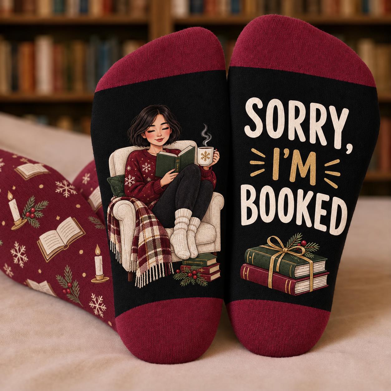 Cozy Book Lover Christmas Socks With Sorry I M Booked – Bookish Reading Holiday Reader Gift For Women - photo 2