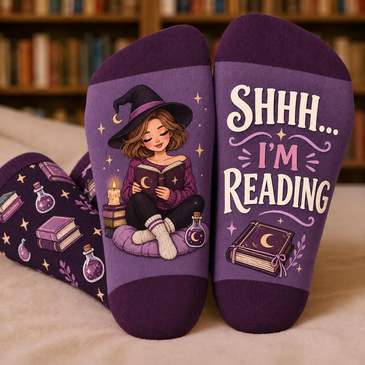 Spooky Witchy Book Lover Halloween Socks – Shhh I M Reading Cozy Witch Reader And Bookish Gift For Women