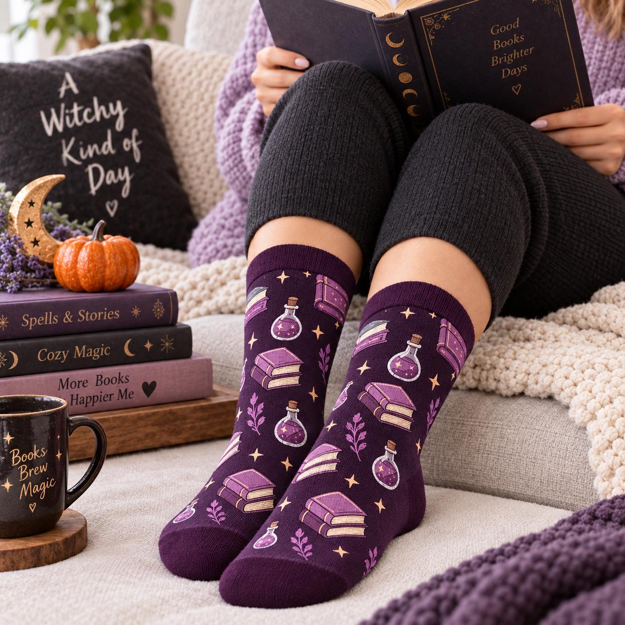 Spooky Witchy Book Lover Halloween Socks – Shhh I M Reading Cozy Witch Reader And Bookish Gift For Women - photo 2
