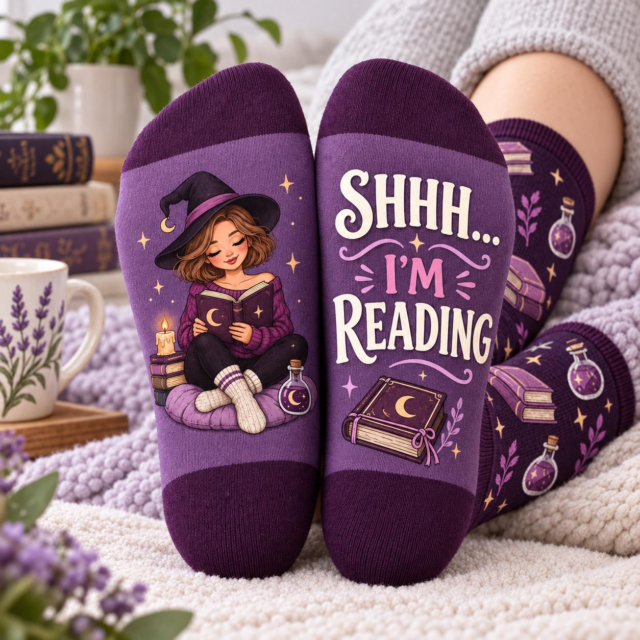 Spooky Witchy Book Lover Halloween Socks – Shhh I M Reading Cozy Witch Reader And Bookish Gift For Women - photo 5