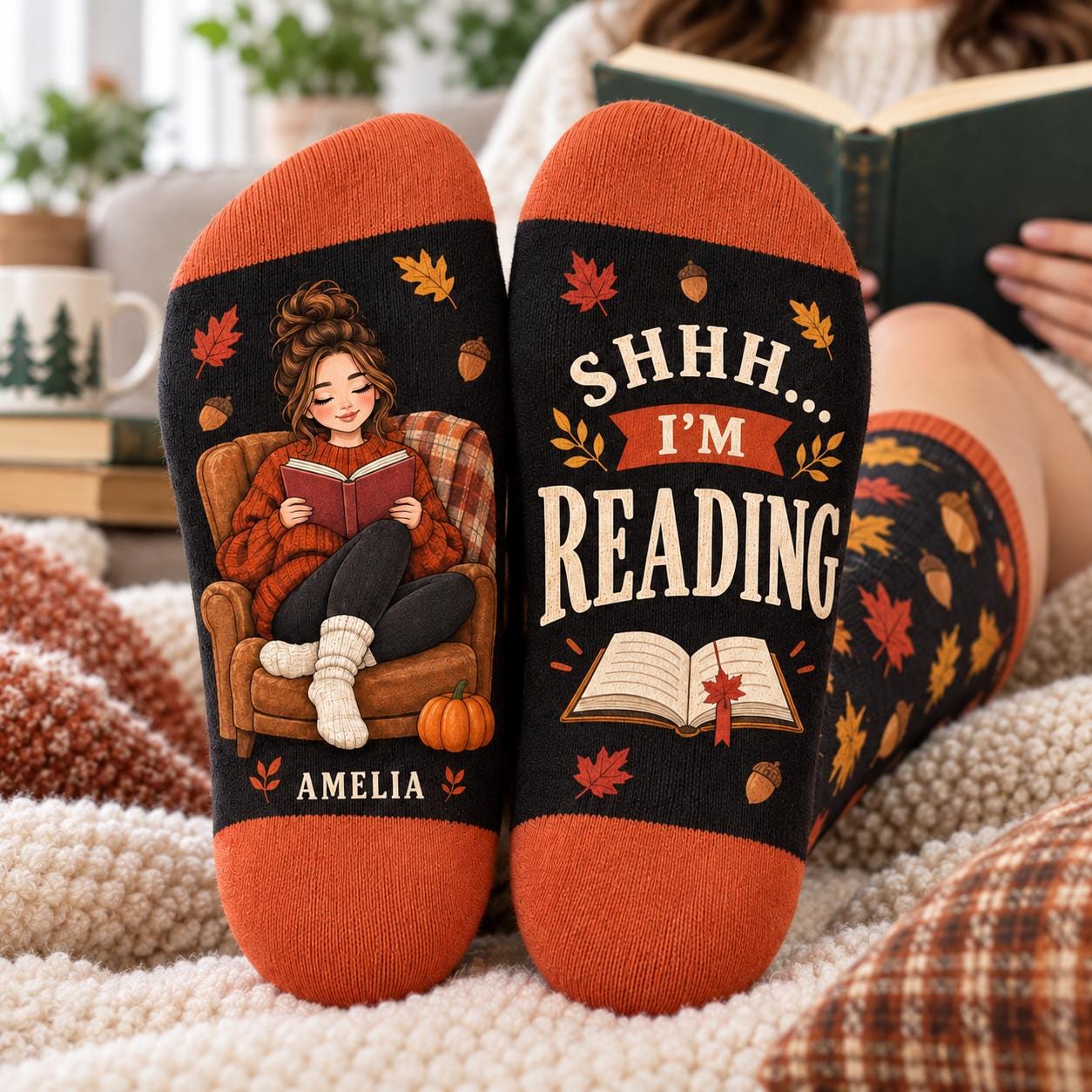 Personalized Book Lover Socks and Autumn Reading Socks β Cozy Fall Reader Gift and Bookish Pumpkin Season Gift for Women with Name
