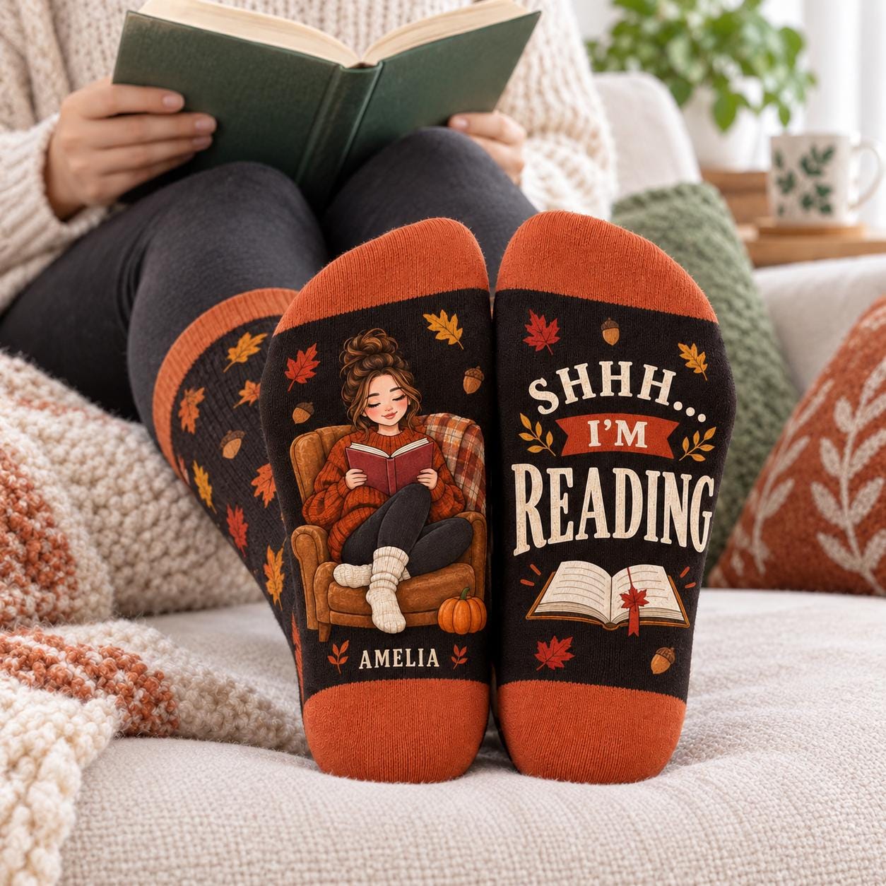 Personalized Book Lover Socks and Autumn Reading Socks – Cozy Fall Reader Gift and Bookish Pumpkin Season Gift for Women with Name - photo 2