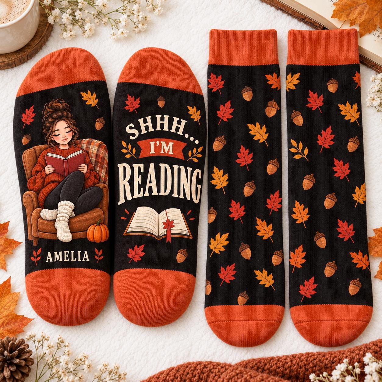 Personalized Book Lover Socks and Autumn Reading Socks – Cozy Fall Reader Gift and Bookish Pumpkin Season Gift for Women with Name - photo 3