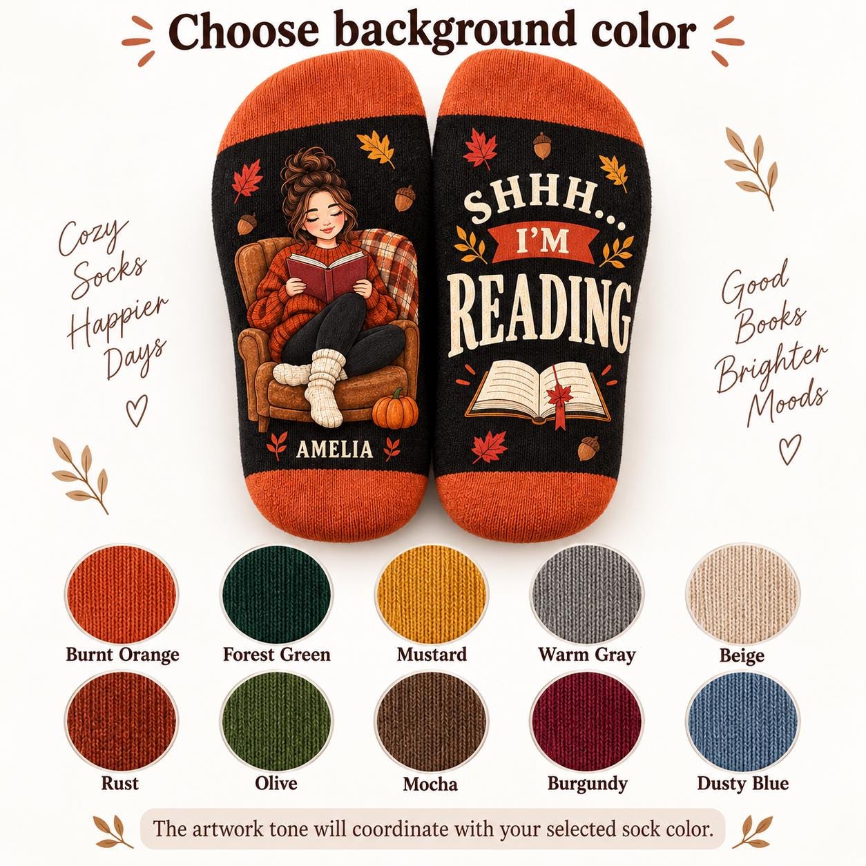 Personalized Book Lover Socks and Autumn Reading Socks – Cozy Fall Reader Gift and Bookish Pumpkin Season Gift for Women with Name - photo 4