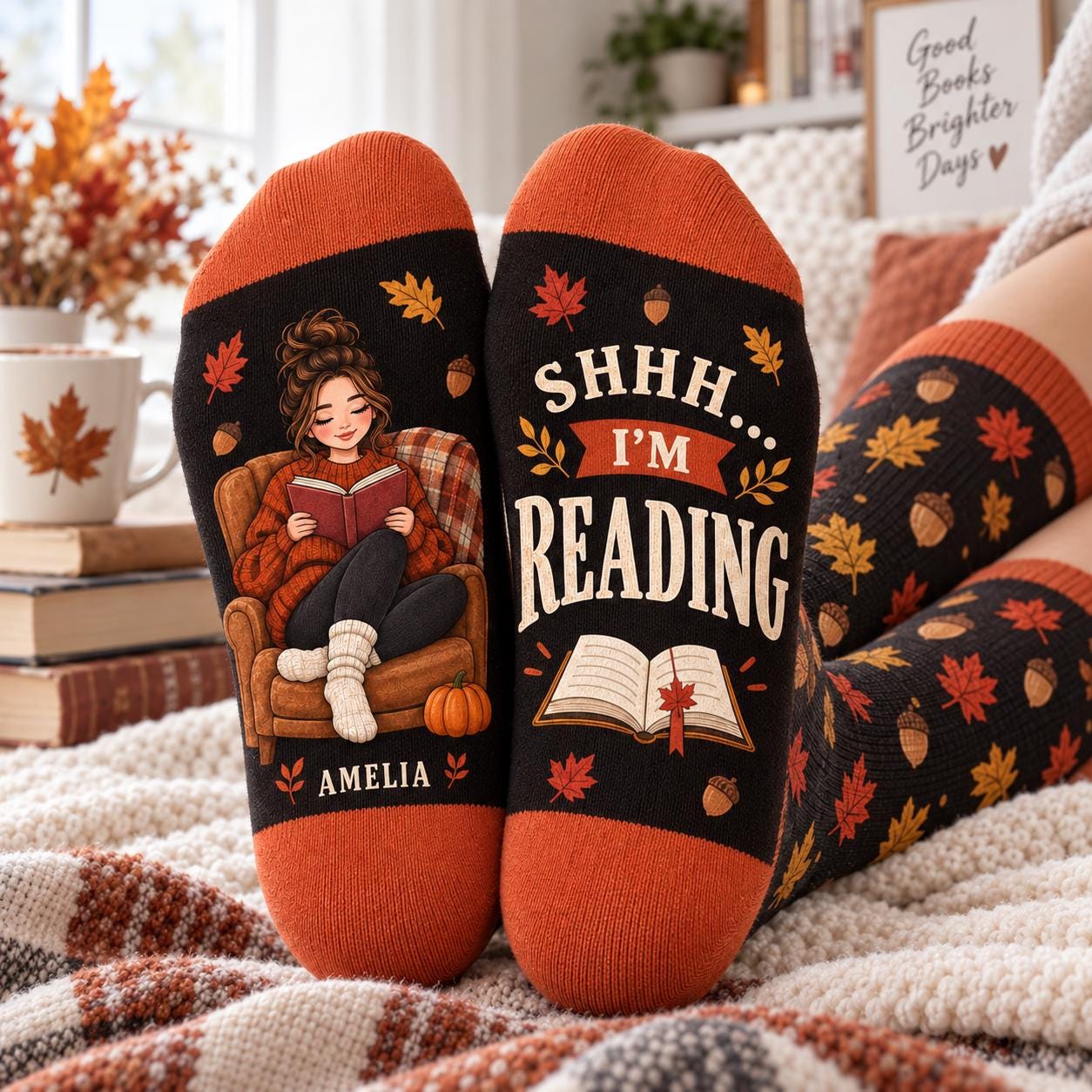 Personalized Book Lover Socks and Autumn Reading Socks – Cozy Fall Reader Gift and Bookish Pumpkin Season Gift for Women with Name - photo 6