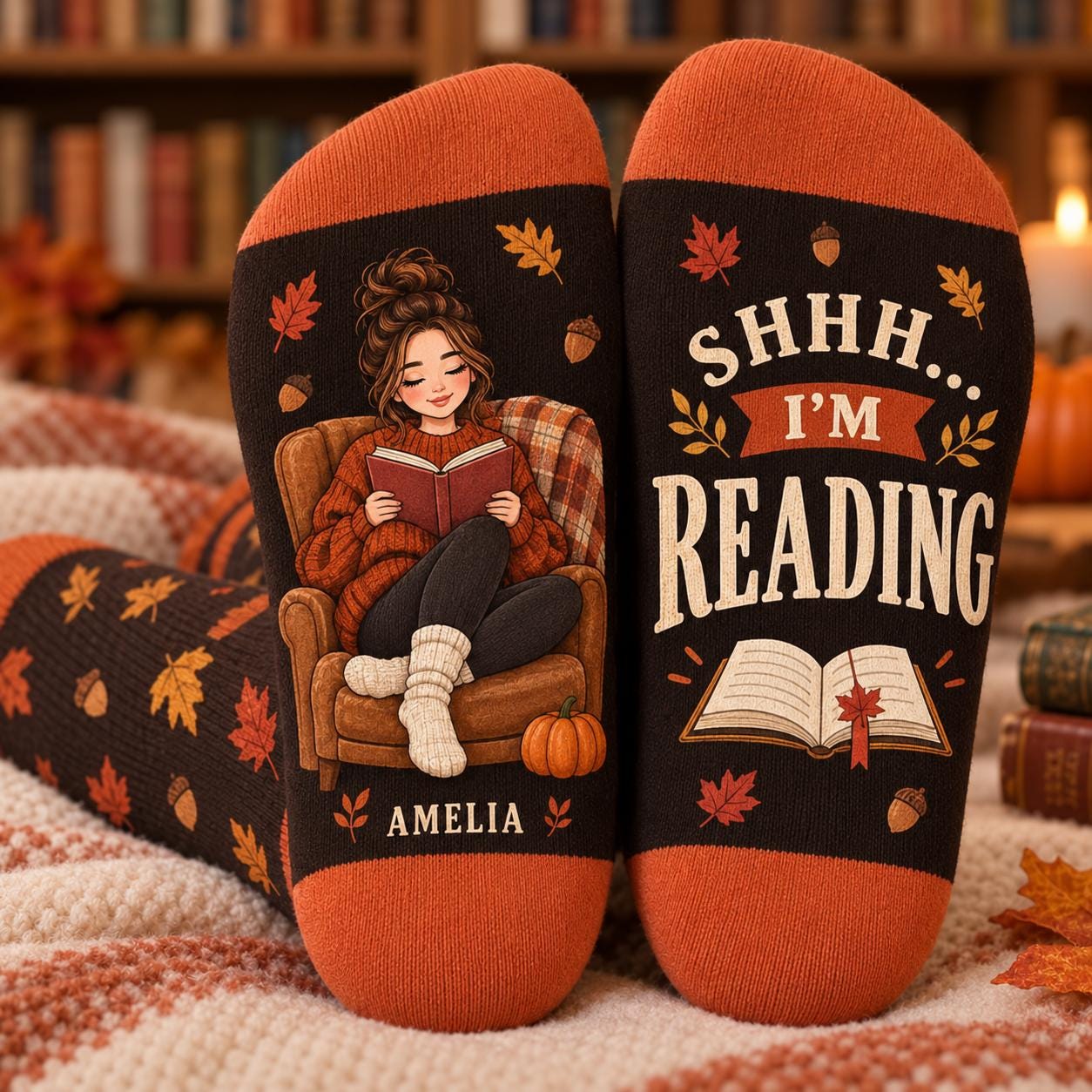Personalized Book Lover Socks and Autumn Reading Socks – Cozy Fall Reader Gift and Bookish Pumpkin Season Gift for Women with Name - photo 7