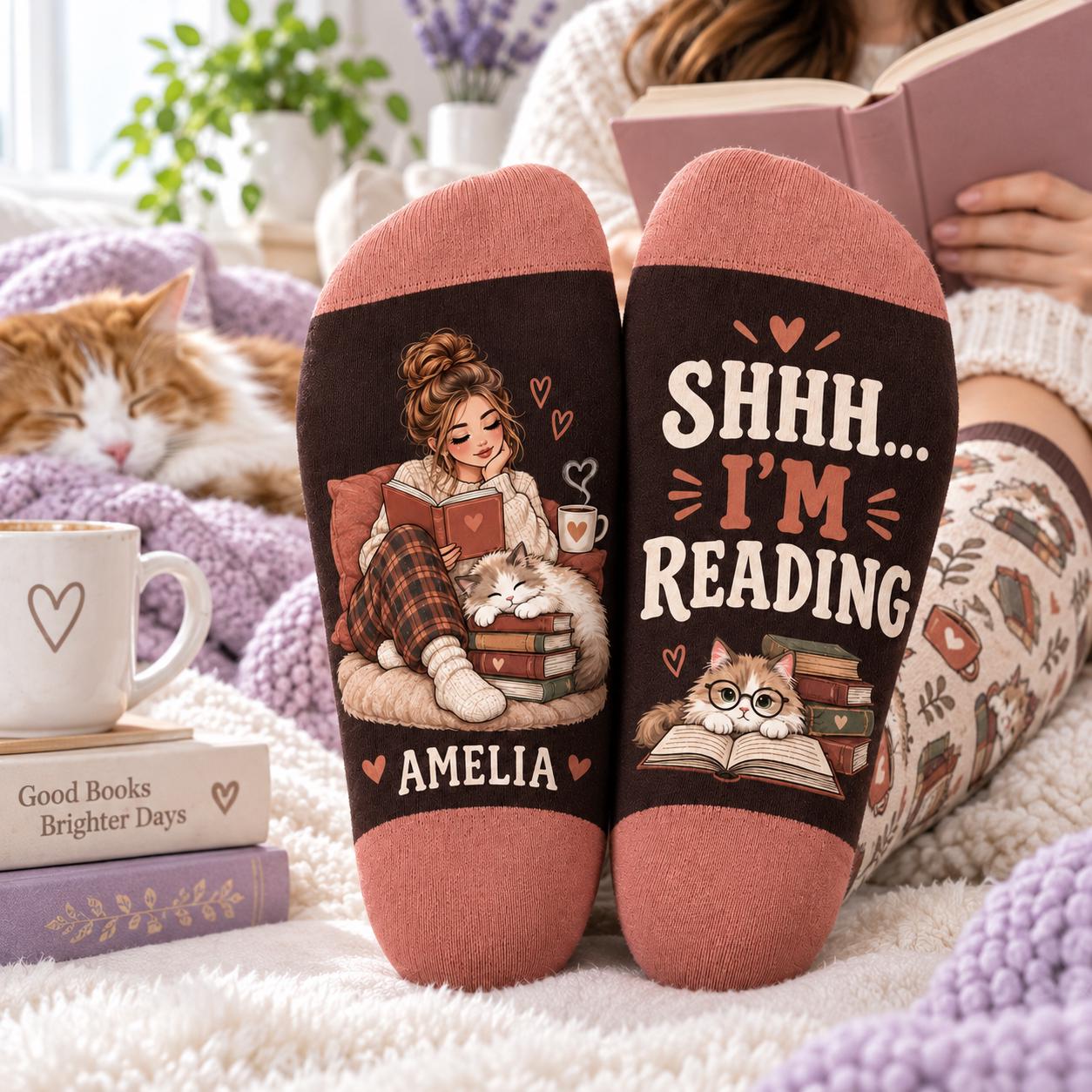 Personalized Book Lover Cat Socks With Name – Shhh I M Reading Cozy Bookish Reader And Cat Lover Gift For Women