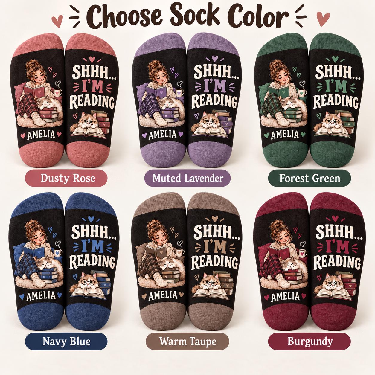 Personalized Book Lover Cat Socks With Name – Shhh I M Reading Cozy Bookish Reader And Cat Lover Gift For Women - photo 3