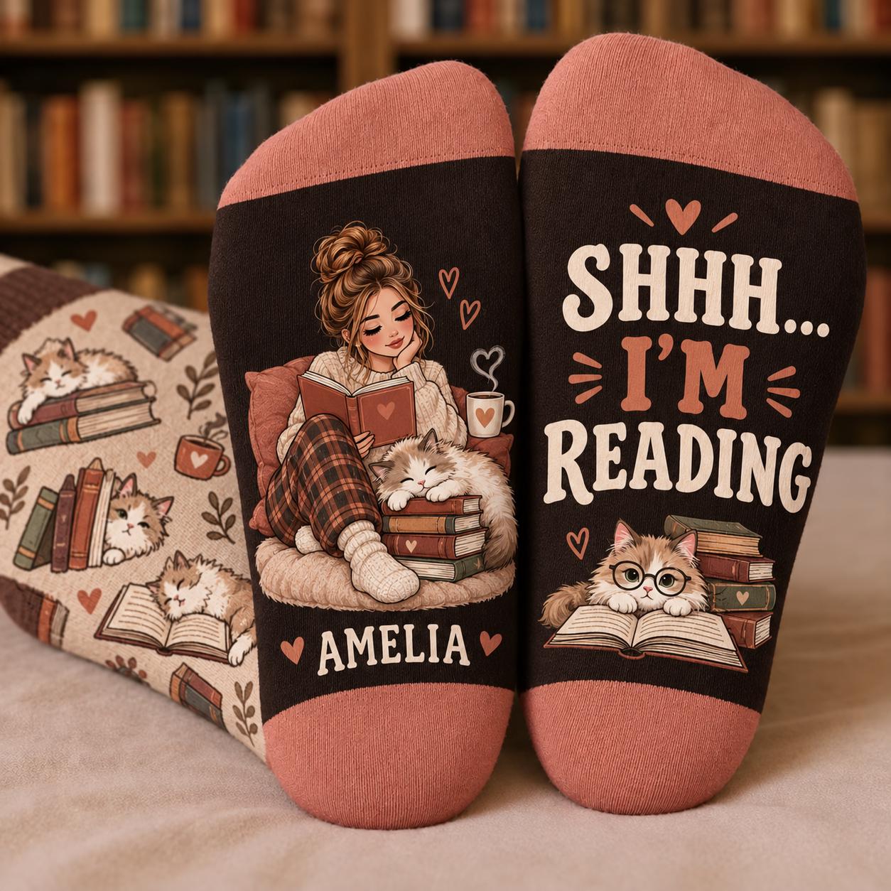 Personalized Book Lover Cat Socks With Name – Shhh I M Reading Cozy Bookish Reader And Cat Lover Gift For Women - photo 6