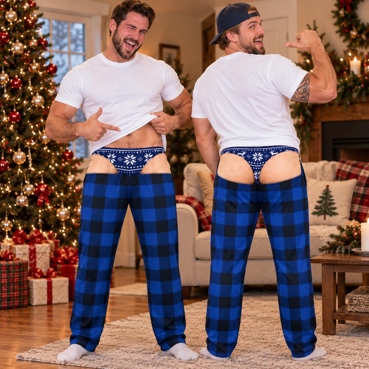 Funny Plaid Pajama Lounge Pants for Men – Fake Underwear Butt Illusion Christmas White Elephant Gag Gift - photo 2