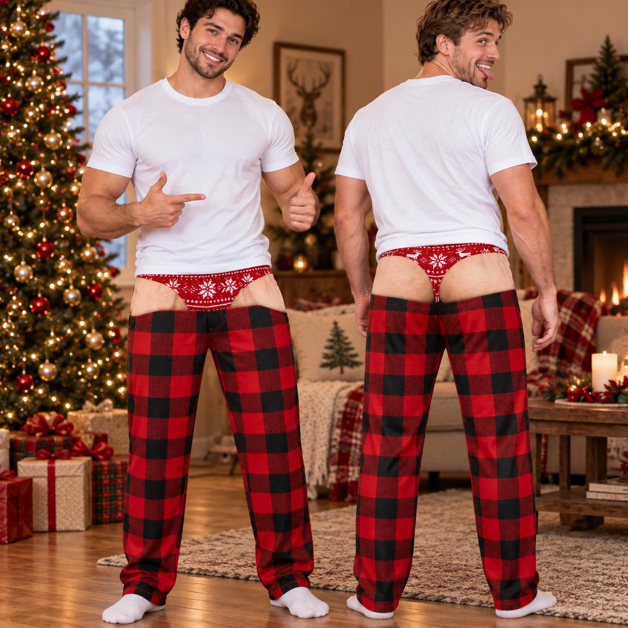 Funny Plaid Pajama Lounge Pants for Men – Fake Underwear Butt Illusion Christmas White Elephant Gag Gift - photo 7