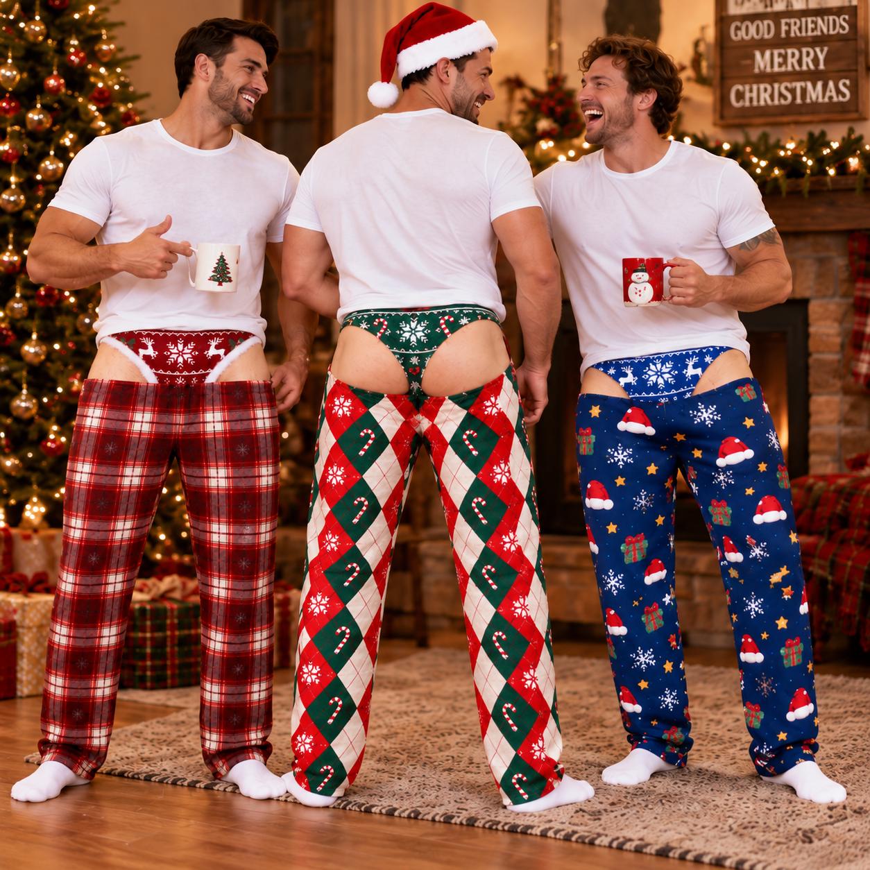 Funny Fake Underwear Butt Illusion Pajama Pants for Men – Holiday Lounge Christmas White Elephant Gag Gift for Him