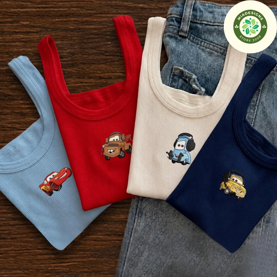 Embroidered Disney Cars Lace Trim Tank Top with Lightning McQueen Tow Mater Doc Hudson Sally – Cars Land Trip Baby Tee Crop Tank