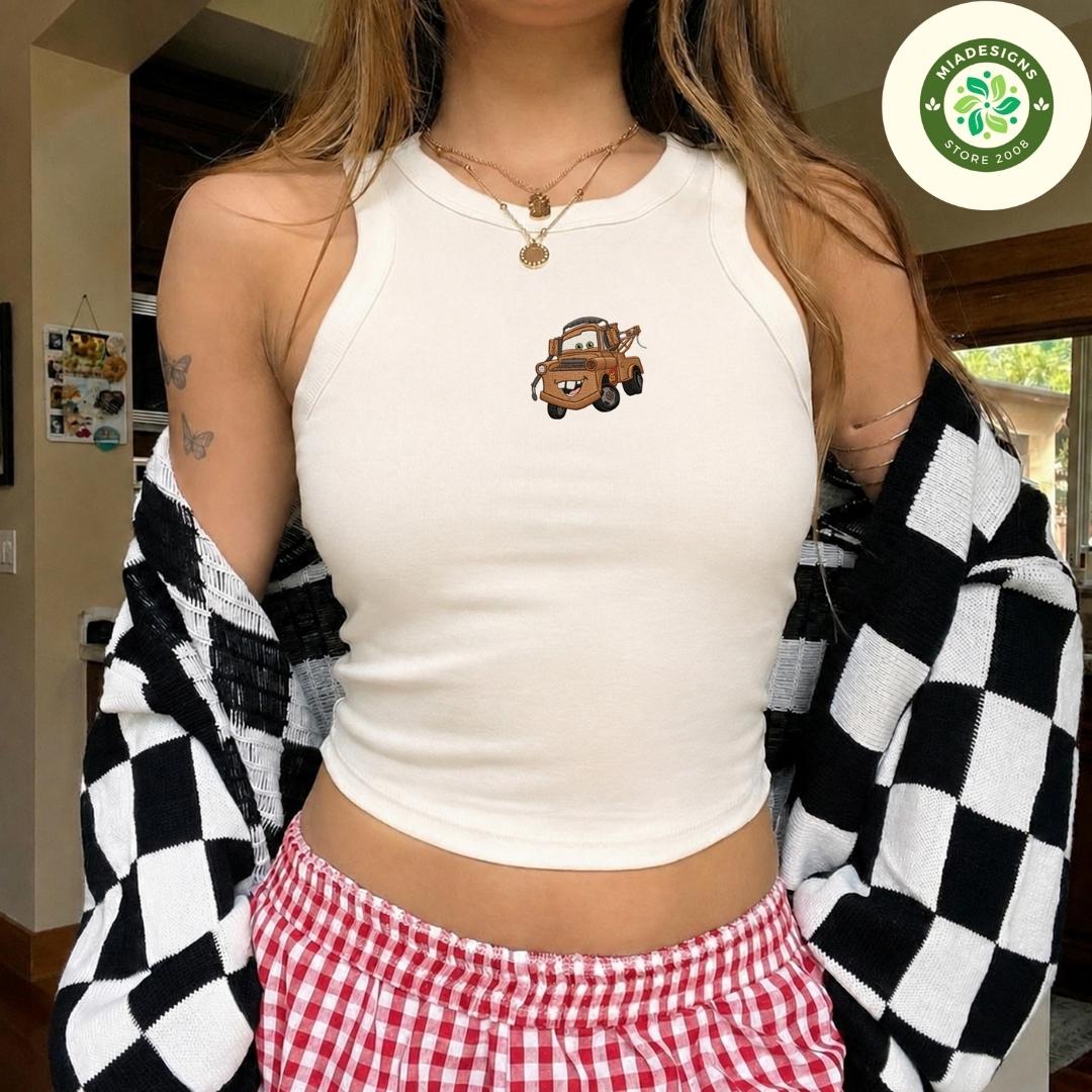 Embroidered Disney Cars Lace Trim Tank Top with Lightning McQueen Tow Mater Doc Hudson Sally – Cars Land Trip Baby Tee Crop Tank - photo 2