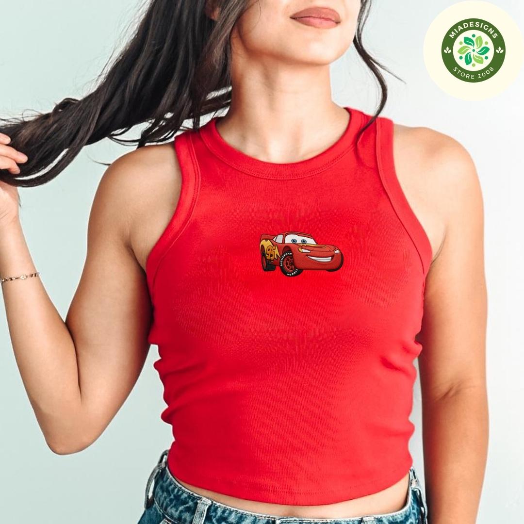 Embroidered Disney Cars Lace Trim Tank Top with Lightning McQueen Tow Mater Doc Hudson Sally – Cars Land Trip Baby Tee Crop Tank - photo 3