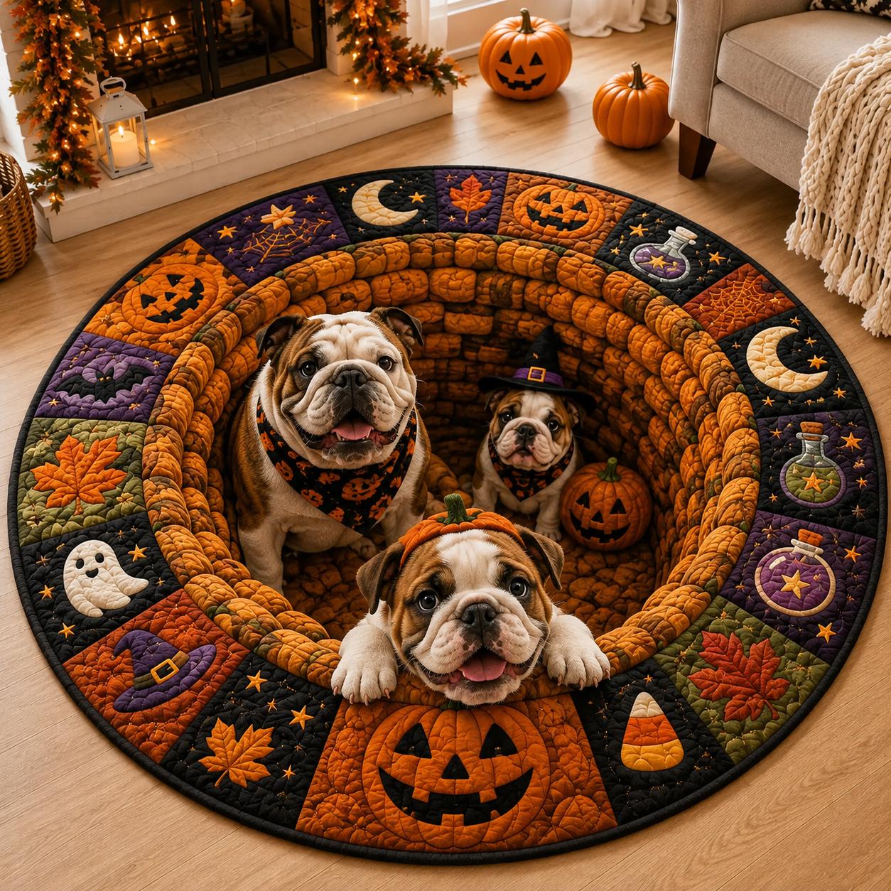 Quilted Round Rug with 3D Illusion Pumpkin Hole Dogs – Spooky Pet Dog Lover Halloween Home Decor Floor Mat - photo 5