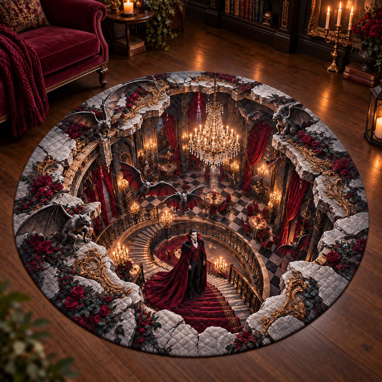 Quilted Round Rug with 3D Illusion Vampire Dracula Castle – Dark Fantasy Spooky Gothic Halloween Home Decor Floor Mat