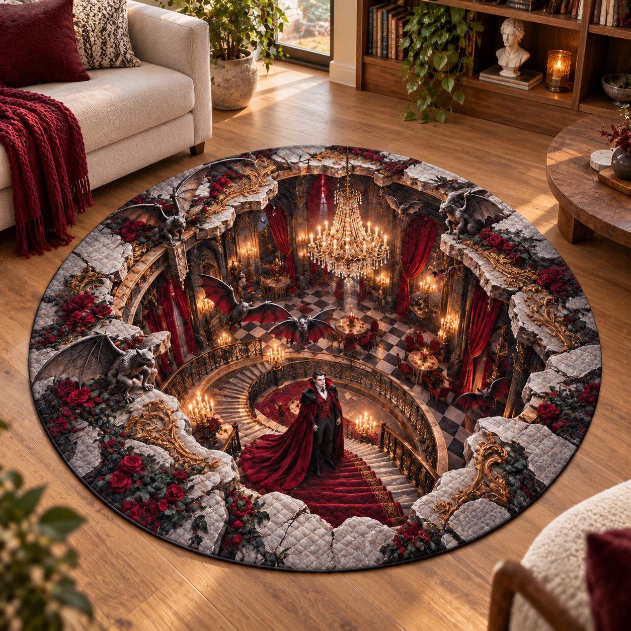 Quilted Round Rug with 3D Illusion Vampire Dracula Castle – Dark Fantasy Spooky Gothic Halloween Home Decor Floor Mat - photo 2