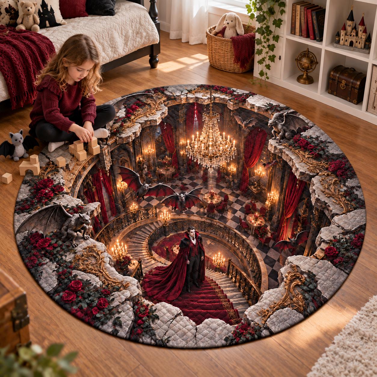 Quilted Round Rug with 3D Illusion Vampire Dracula Castle – Dark Fantasy Spooky Gothic Halloween Home Decor Floor Mat - photo 4