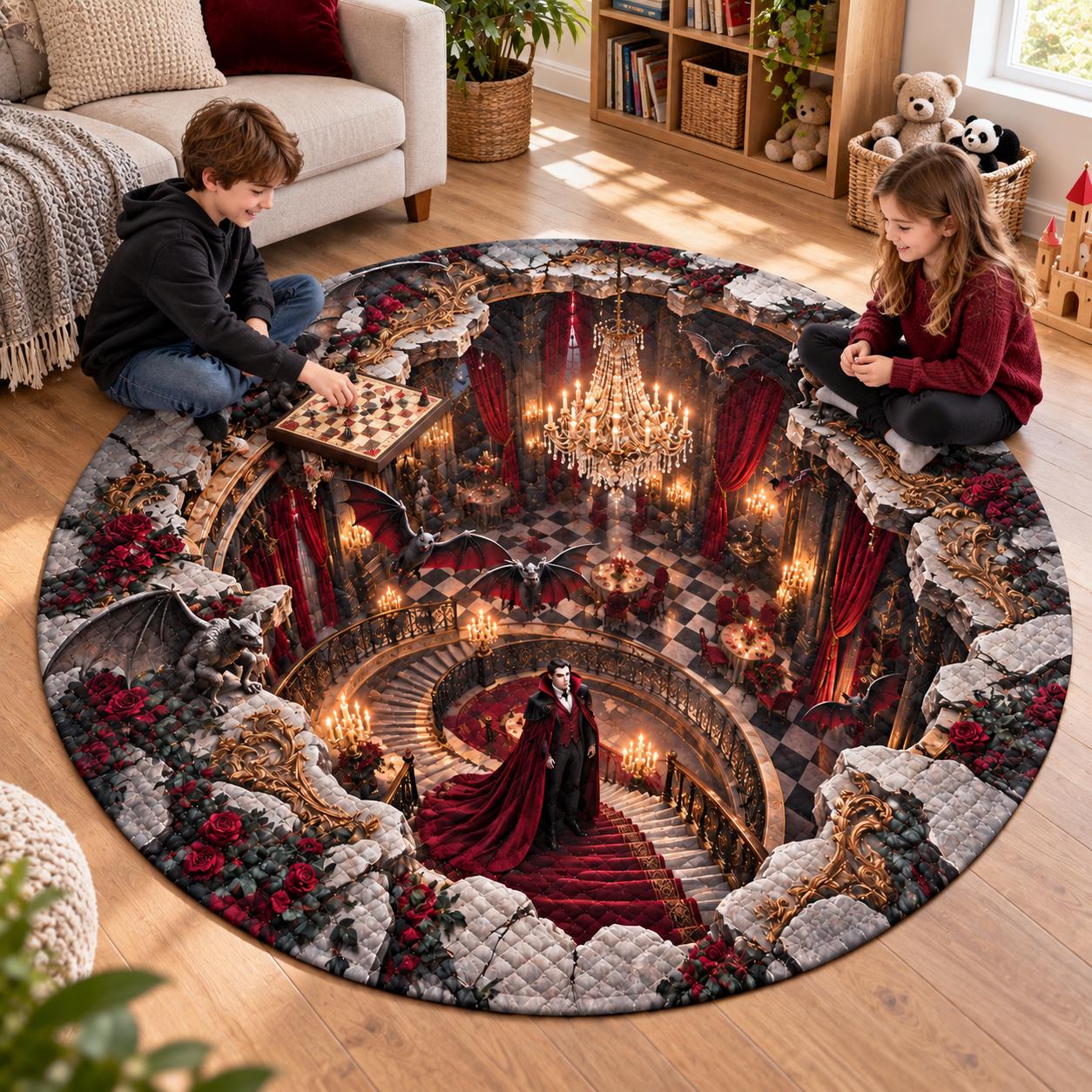 Quilted Round Rug with 3D Illusion Vampire Dracula Castle – Dark Fantasy Spooky Gothic Halloween Home Decor Floor Mat - photo 5