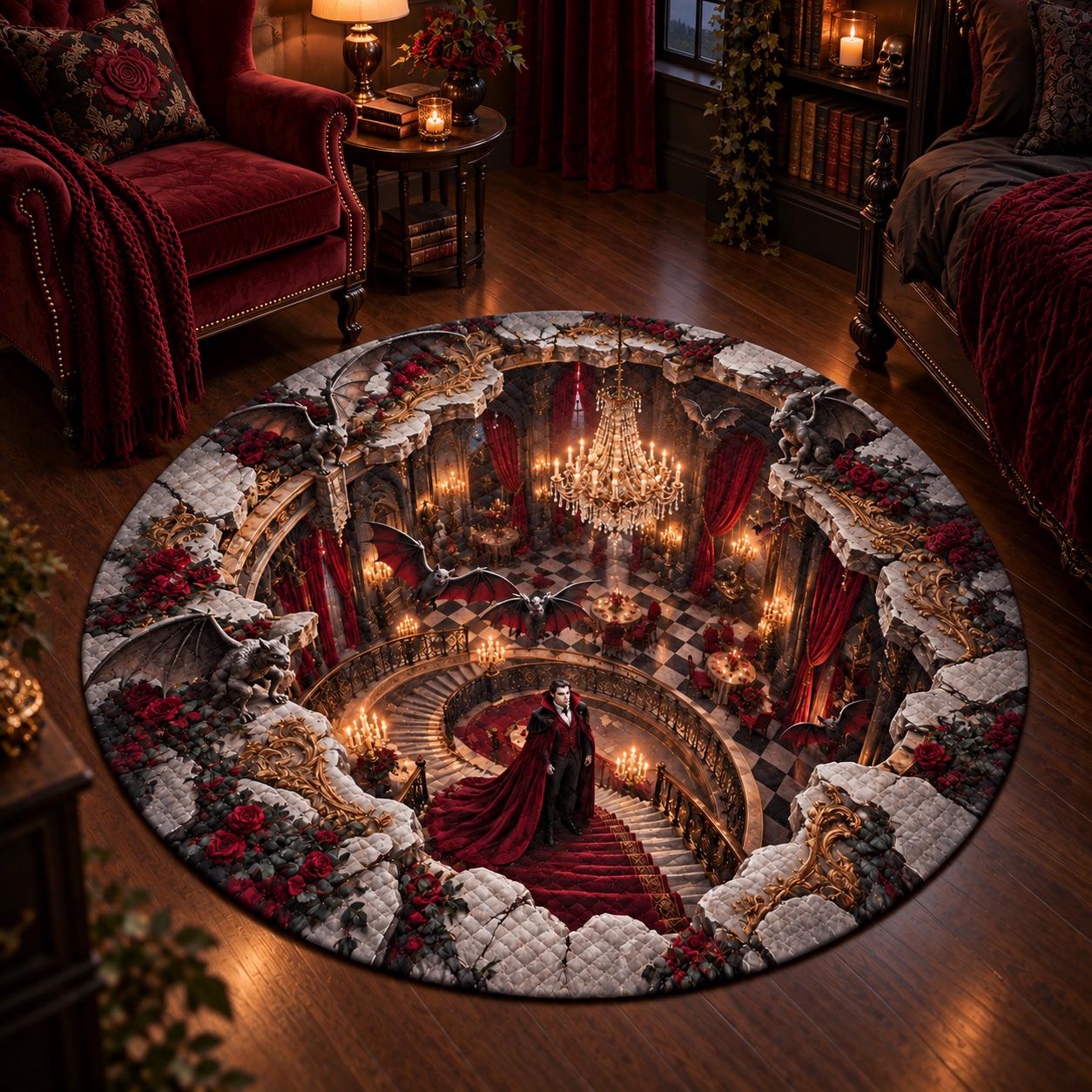 Quilted Round Rug with 3D Illusion Vampire Dracula Castle – Dark Fantasy Spooky Gothic Halloween Home Decor Floor Mat - photo 6