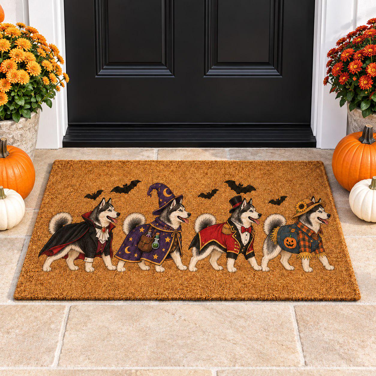 Funny Husky Costume Coir Doormat for Halloween – Dog Welcome Mat with Vampire, Wizard, Ringmaster, and Scarecrow Decor for Dog Lover Gift