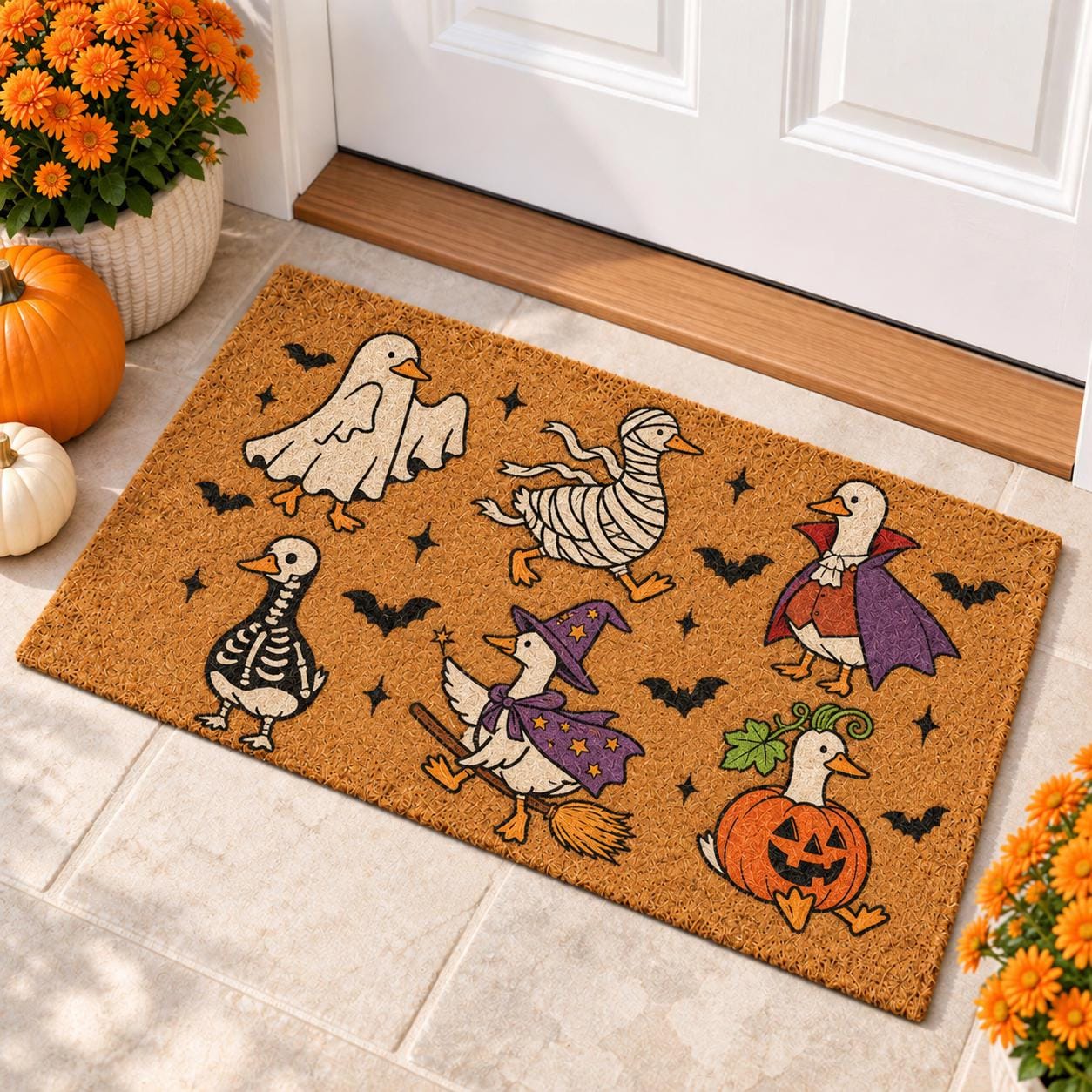 Funny Spooky Goose and Duck Doormat for Fall Halloween – Front Door Welcome Mat with Ghost, Mummy, Witch, and Vampire Decor
