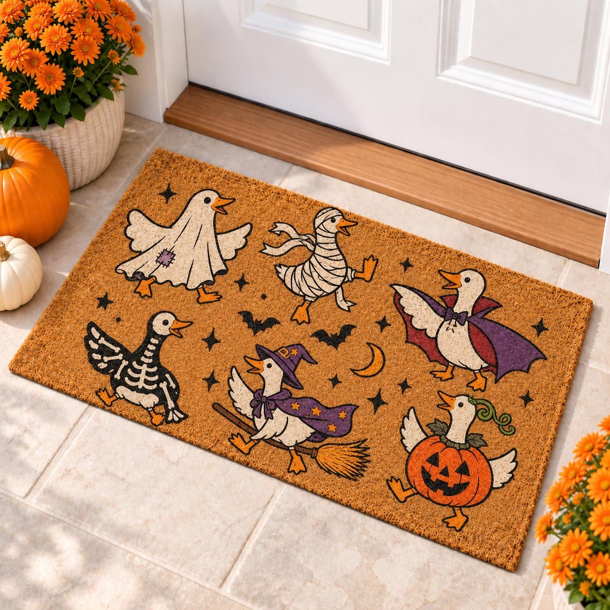 Funny Spooky Goose and Duck Doormat for Fall Halloween – Front Door Welcome Mat with Ghost, Mummy, Witch, and Vampire Decor - photo 2