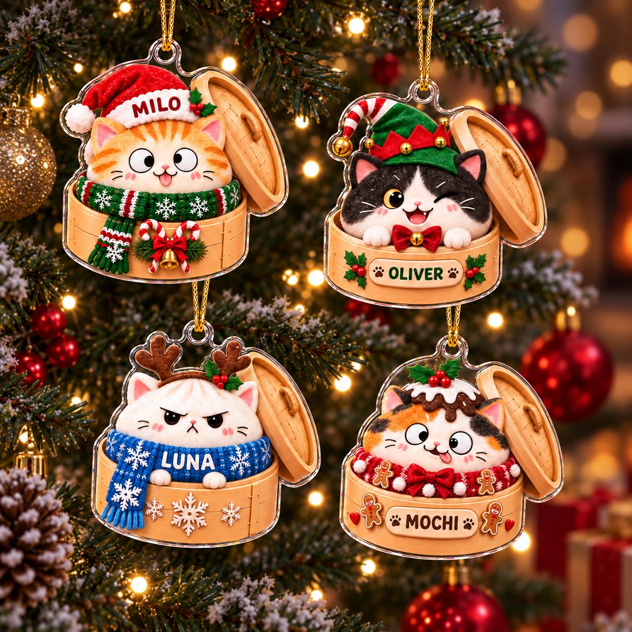 Personalized Cute Cat in Dumpling Basket Acrylic Christmas Ornament with Custom Pet Name – Cat Lover Christmas Gift