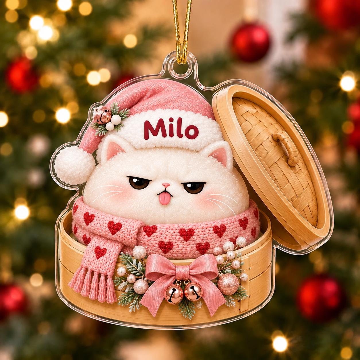 Personalized Cute Cat in Dumpling Basket Acrylic Christmas Ornament with Custom Pet Name – Cat Lover Christmas Gift - photo 2