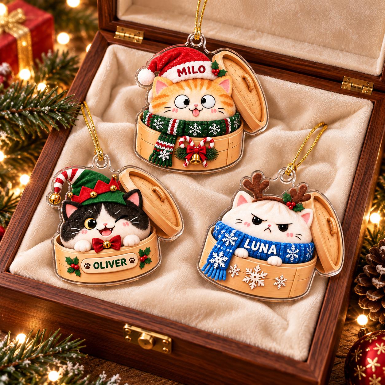 Personalized Cute Cat in Dumpling Basket Acrylic Christmas Ornament with Custom Pet Name – Cat Lover Christmas Gift - photo 3