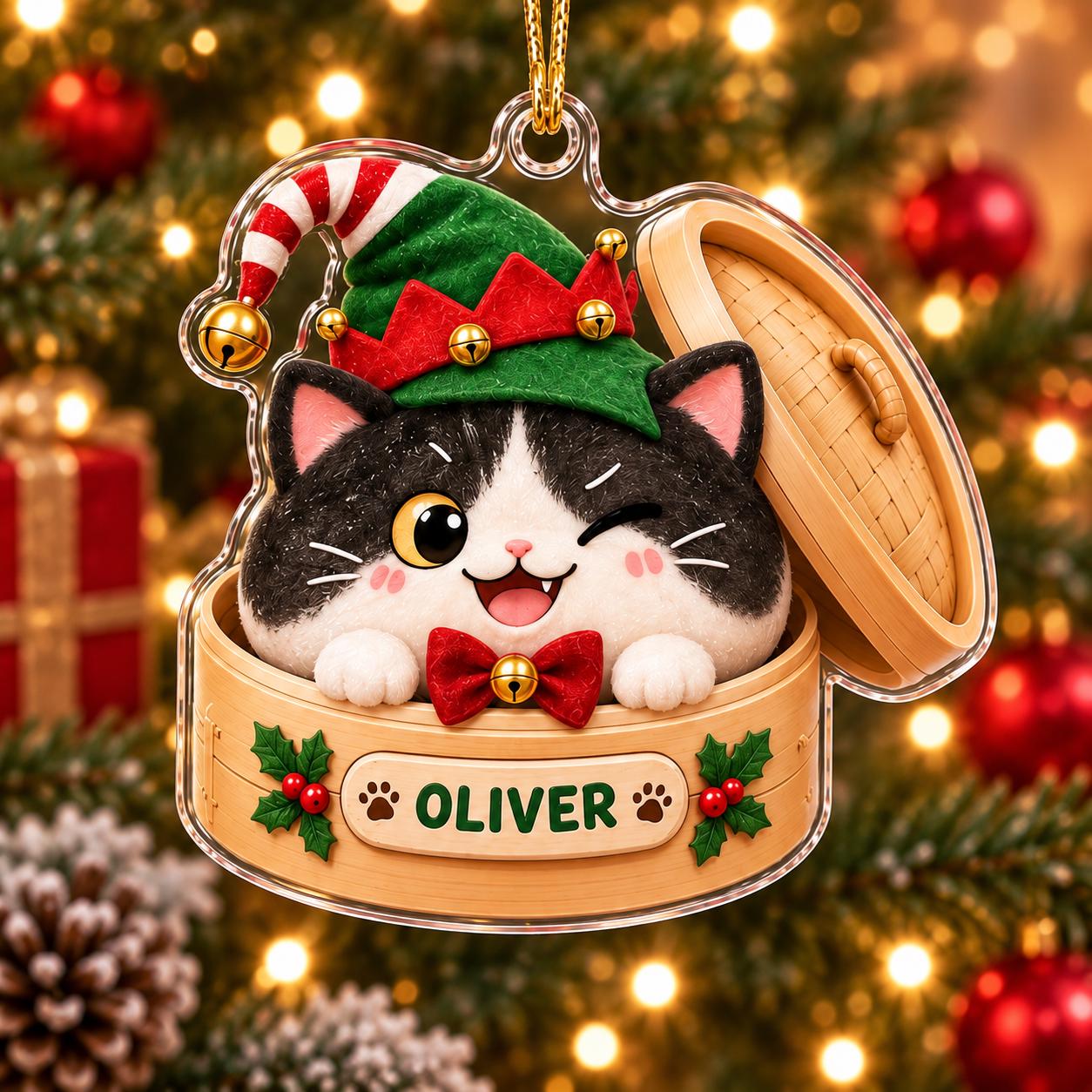 Personalized Cute Cat in Dumpling Basket Acrylic Christmas Ornament with Custom Pet Name – Cat Lover Christmas Gift - photo 7