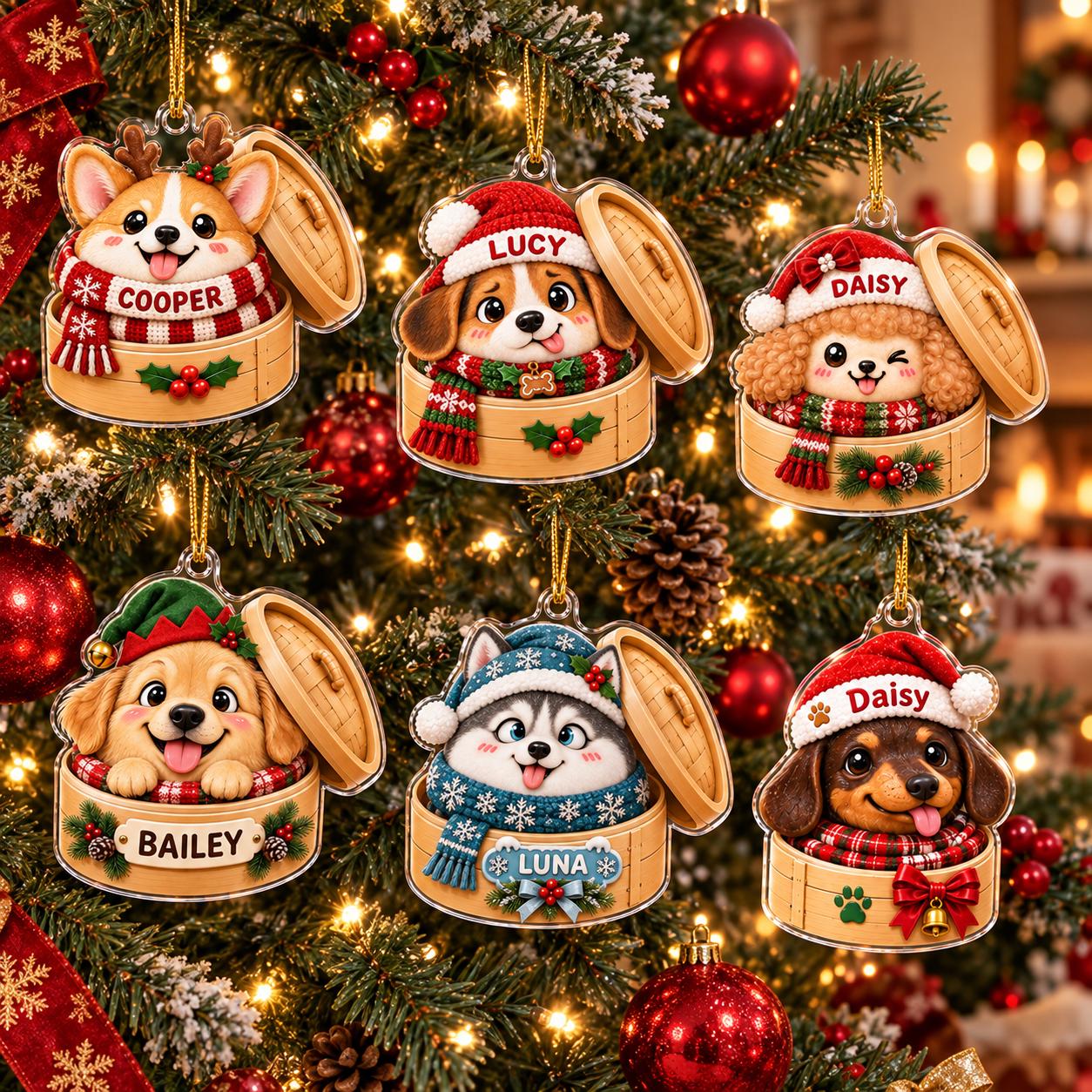 Personalized Cute Dog Basket Acrylic Christmas Ornament Keepsake with Custom Pet Name – Dog Lover Holiday Gift