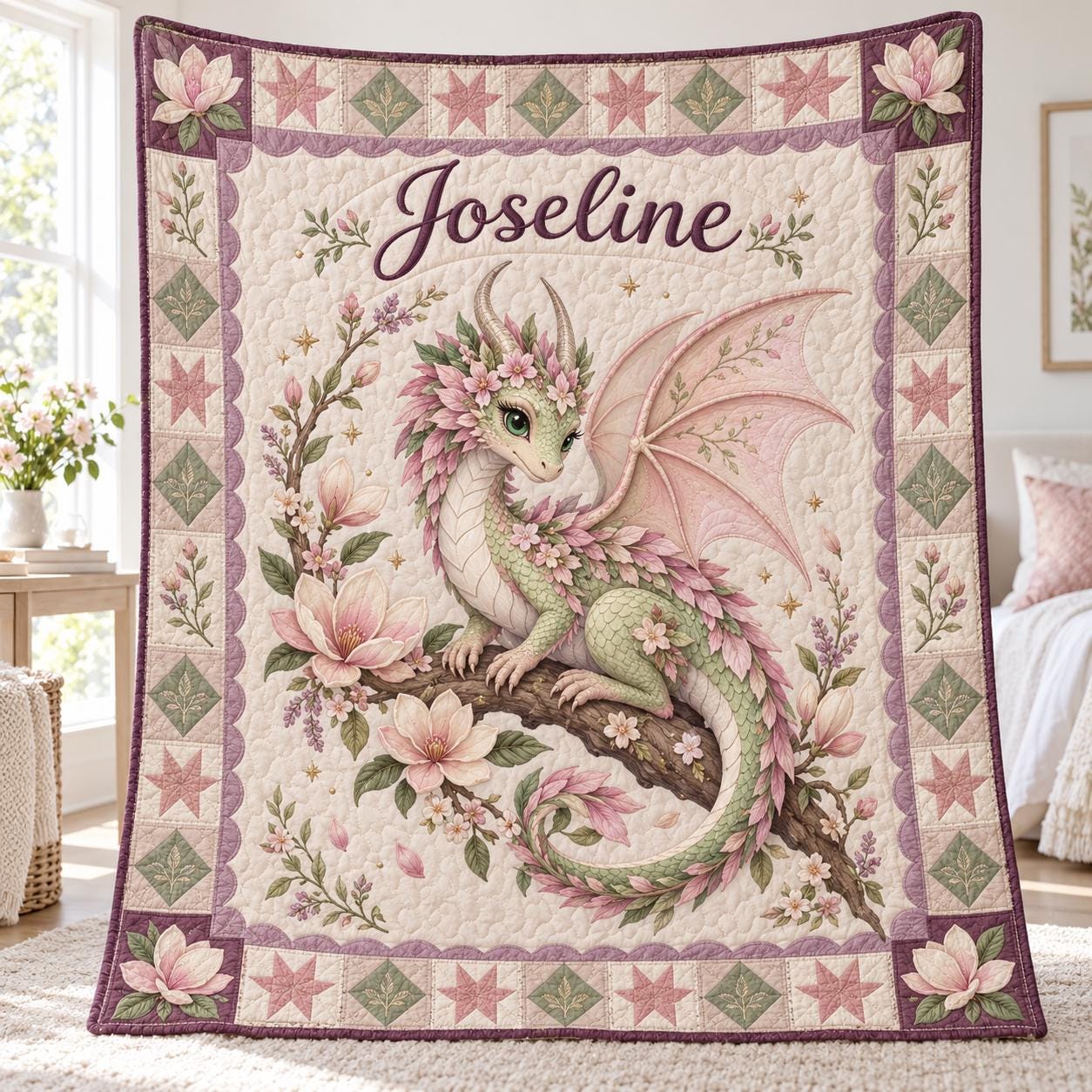 Personalized Dragon Blanket and Custom Name Fantasy Baby Blanket – Pink Blue Woodland Nursery Gift with Quilted Style Kids Bedding