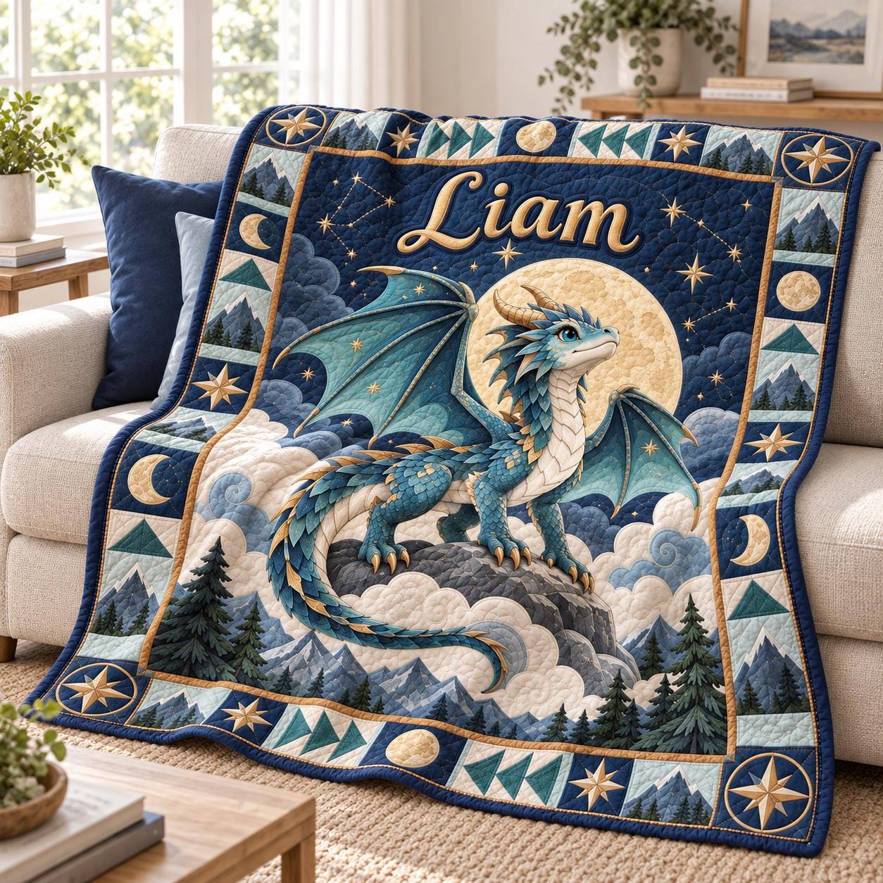 Personalized Dragon Blanket and Custom Name Fantasy Baby Blanket – Pink Blue Woodland Nursery Gift with Quilted Style Kids Bedding - photo 2