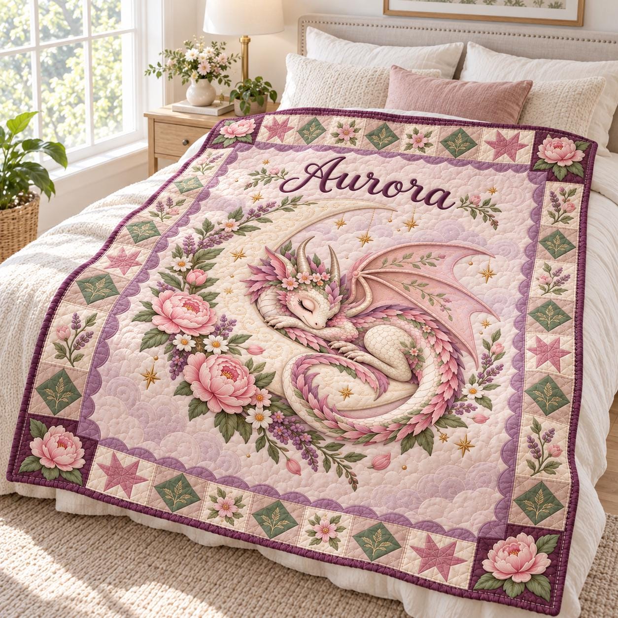 Personalized Dragon Blanket and Custom Name Fantasy Baby Blanket – Pink Blue Woodland Nursery Gift with Quilted Style Kids Bedding - photo 3