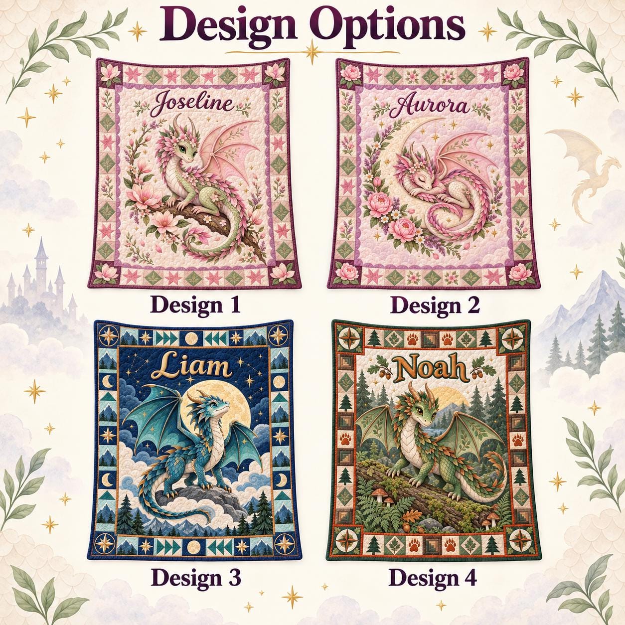 Personalized Dragon Blanket and Custom Name Fantasy Baby Blanket – Pink Blue Woodland Nursery Gift with Quilted Style Kids Bedding - photo 4