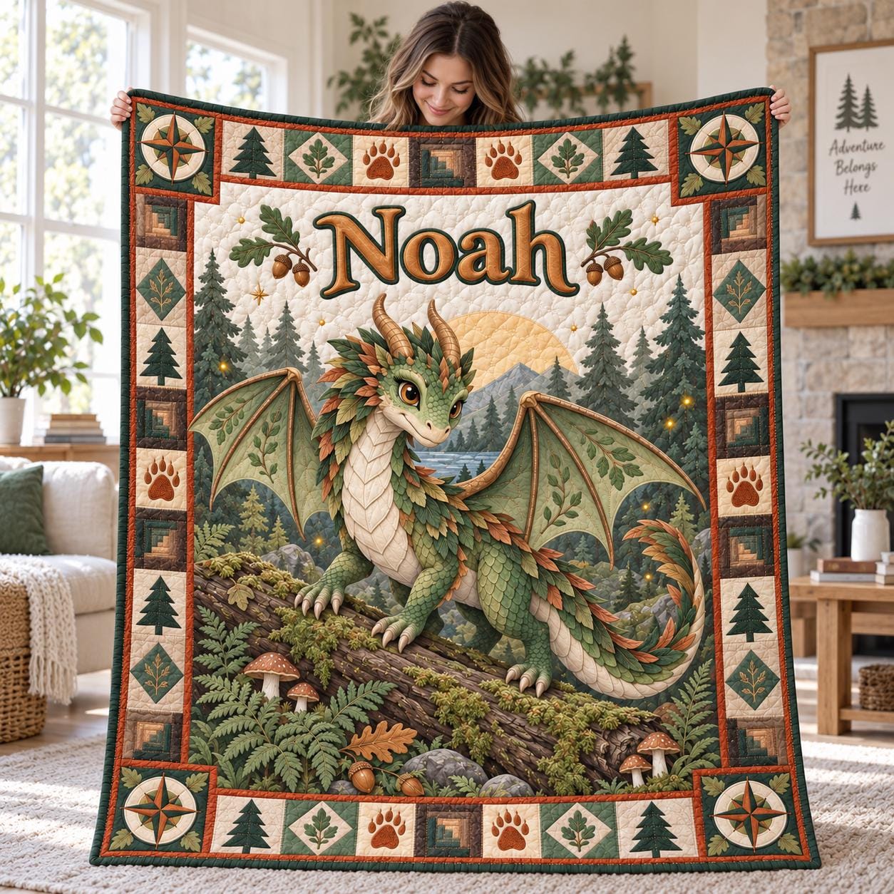 Personalized Dragon Blanket and Custom Name Fantasy Baby Blanket – Pink Blue Woodland Nursery Gift with Quilted Style Kids Bedding - photo 6