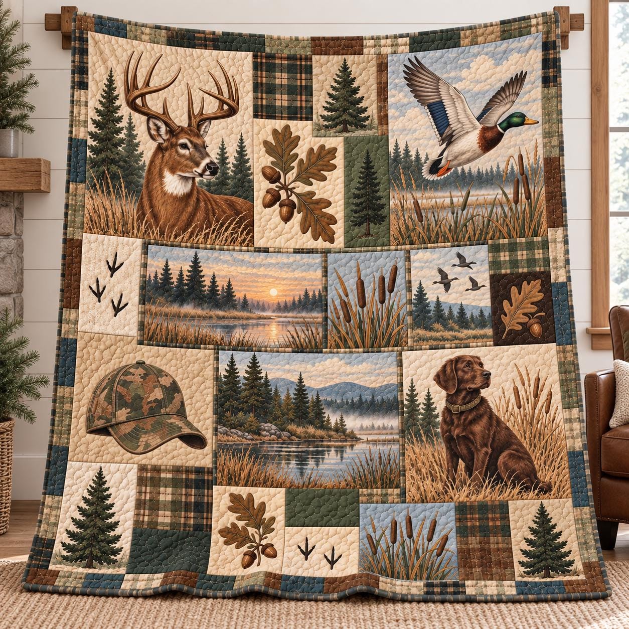 Hunting Blanket and Deer Duck Dog Outdoor Blanket – Rustic Cabin Bedding and Hunter Gift for Men with Quilted Style Woodland Throw